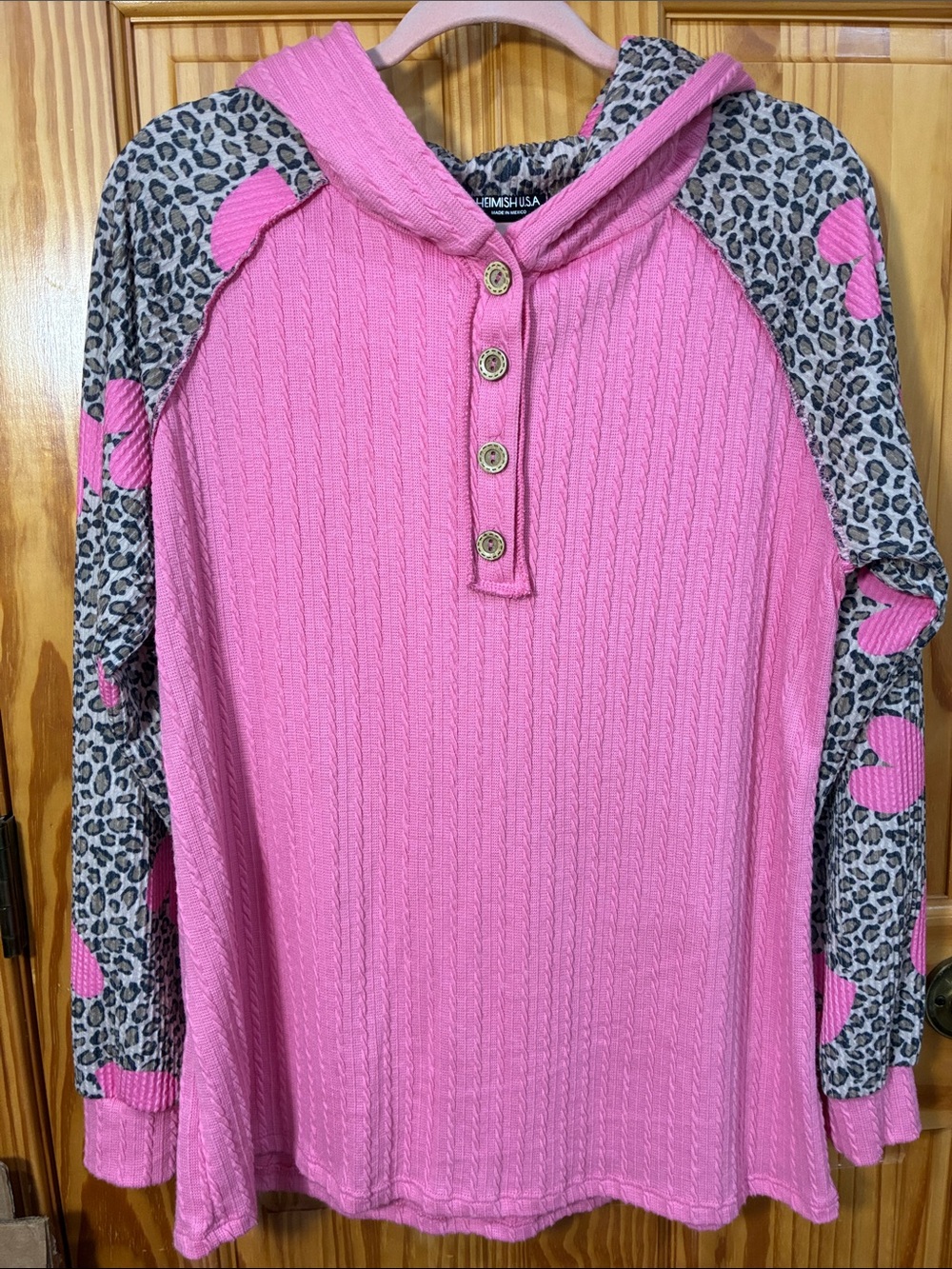 HEIMISH USA Pink Cable-Knit Hoodie with Leopard-Print Sleeves
